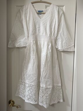 White Waves White Lace & Embroidered Cotton Midi Dress  - Smocked Waist *NWT